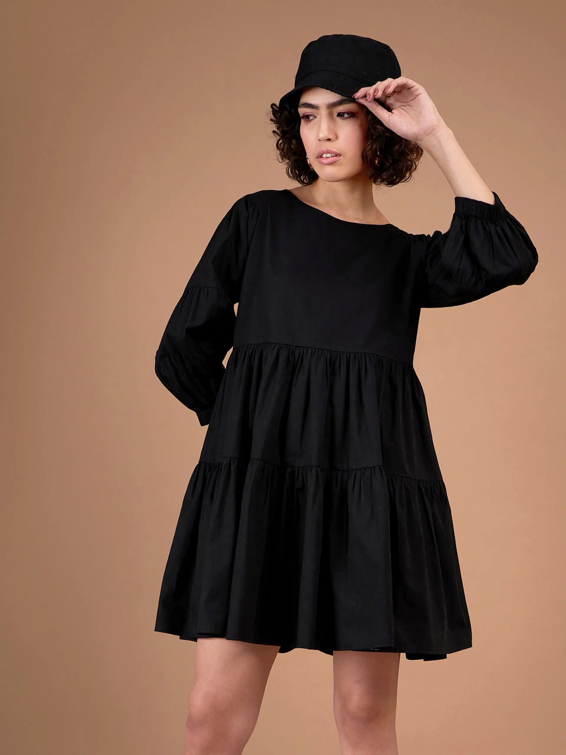 Cut-Out DressWomen Black Poplin Drop Shoulder Tiered Mini Dress