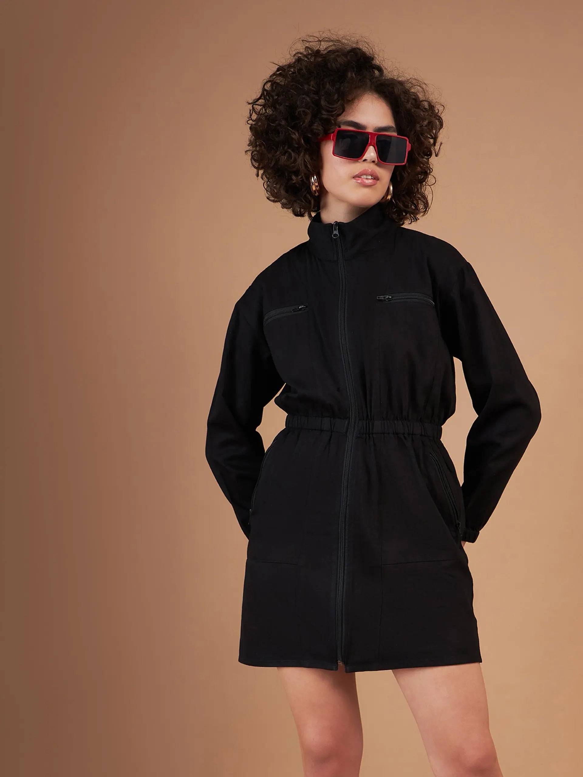 Button-Down DressWomen Black Twill Front Zipper Mini Dress