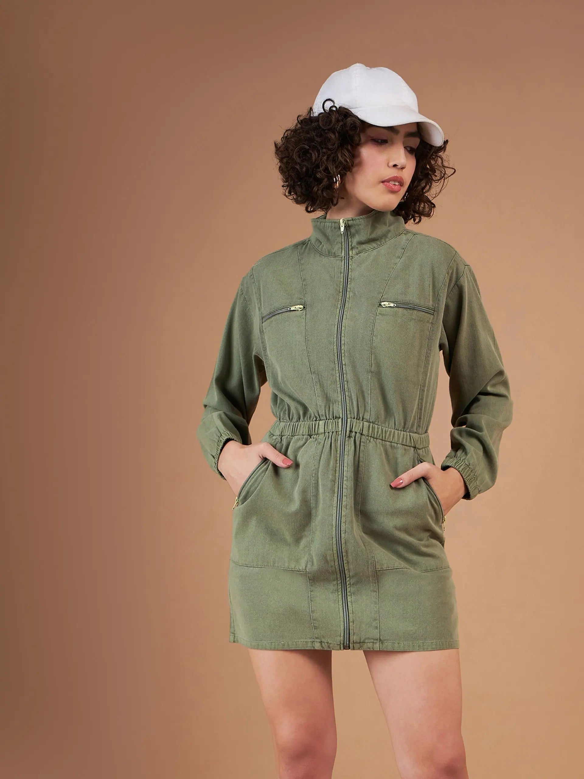 Knit DressWomen Olive Twill Front Zipper Mini Dress