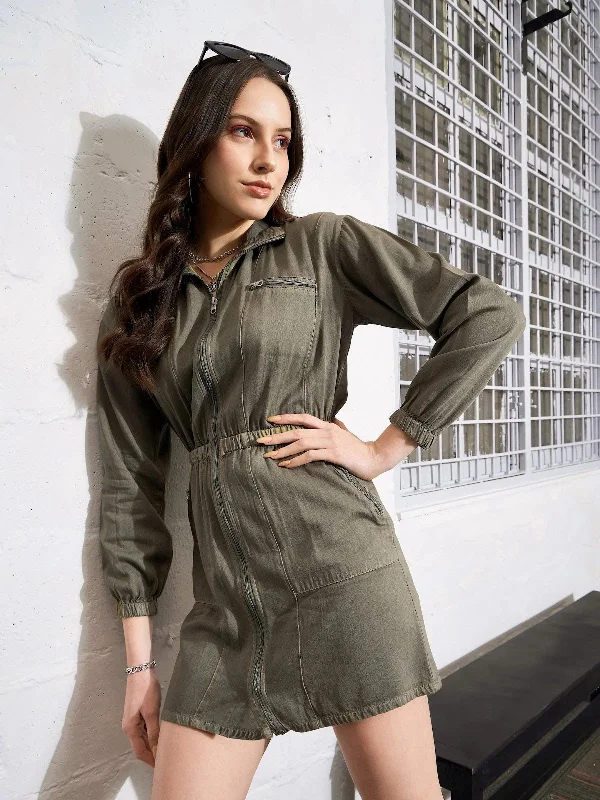 Spaghetti Strap DressWomen Olive Twill Zipper Detail Mini Dress