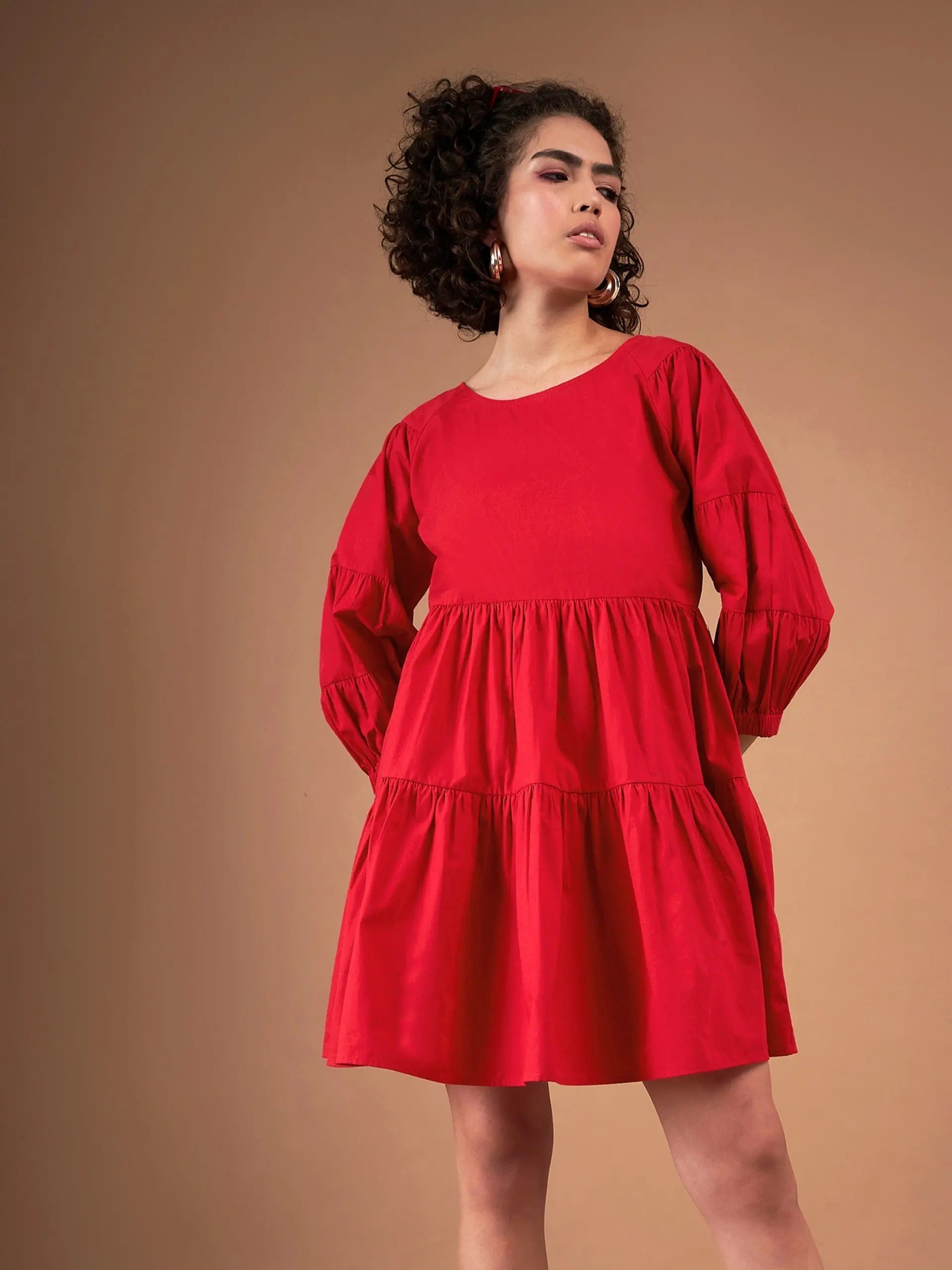 Petite DressWomen Red Poplin Drop Shoulder Tiered Mini Dress