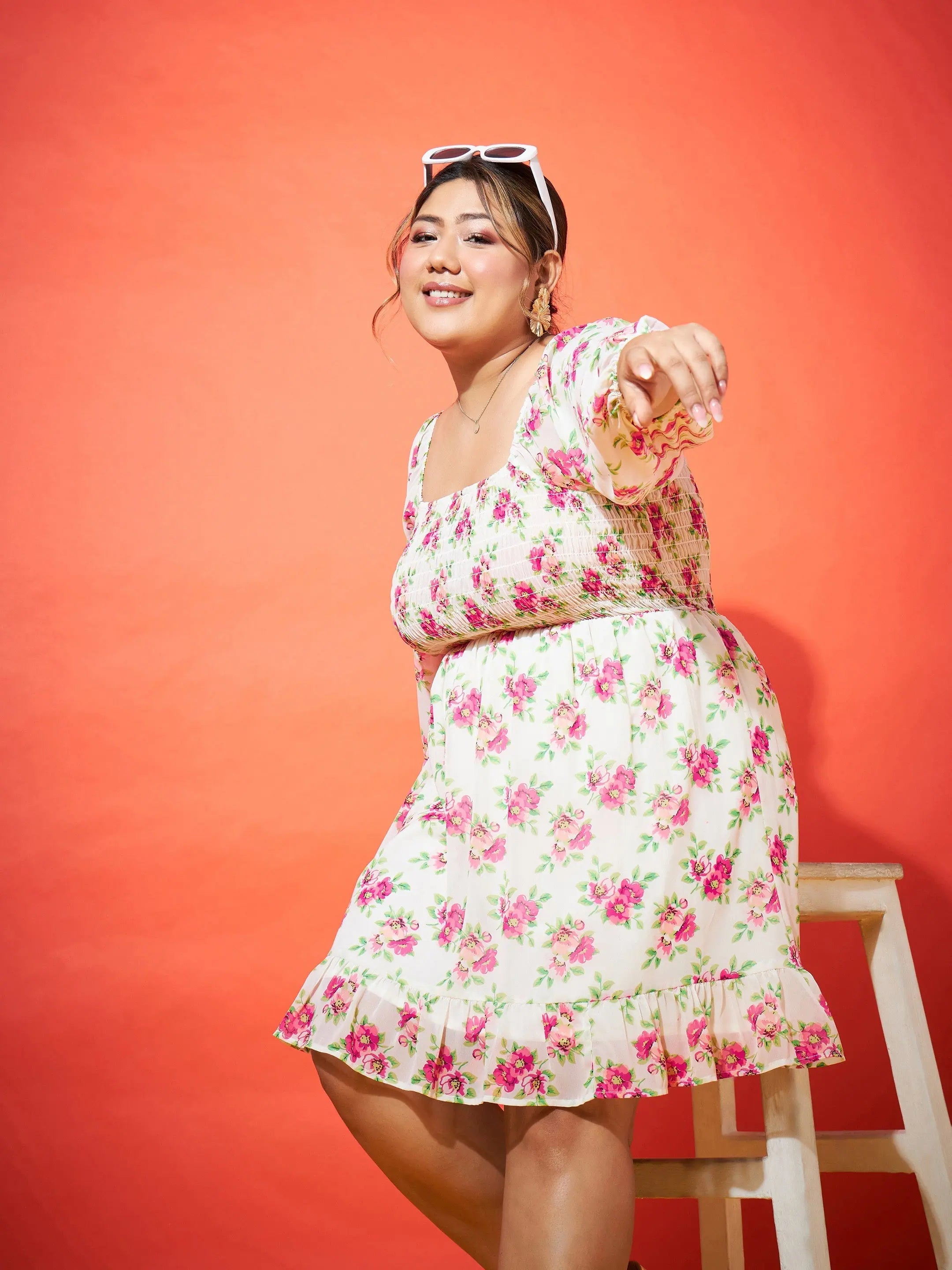 Plus-Size DressWomen White Floral Smocking Mini Dress