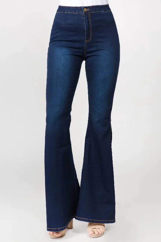 women's slim-fit denim jeansChic Side Slit Flare Jeans In Dark Blue