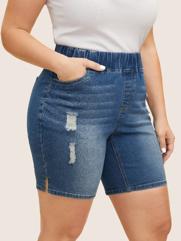 women's high-waisted denim jeansMedium Wash Elastic Waist Distressed Denim Shorts